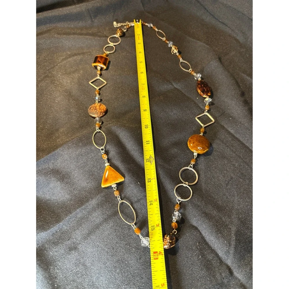 Bohemian Beaded Necklace Amber Brown Geometric‎ Shapes Long Statement Pendant